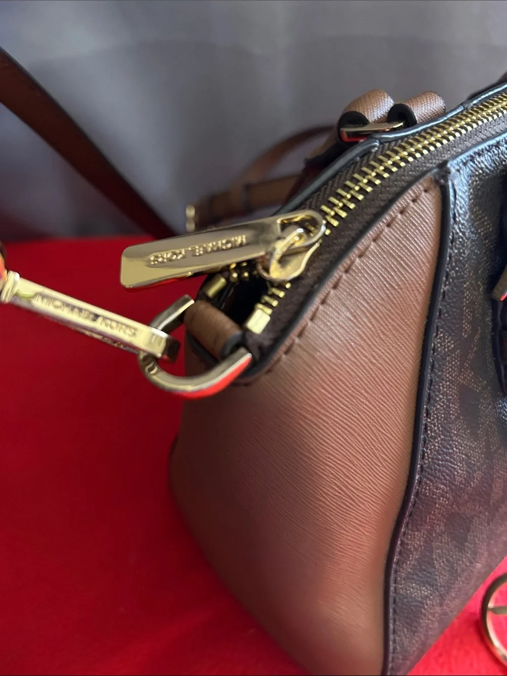 Michael Kors Ciara Brown and black Signature Logo Satchel with Gold Hardware